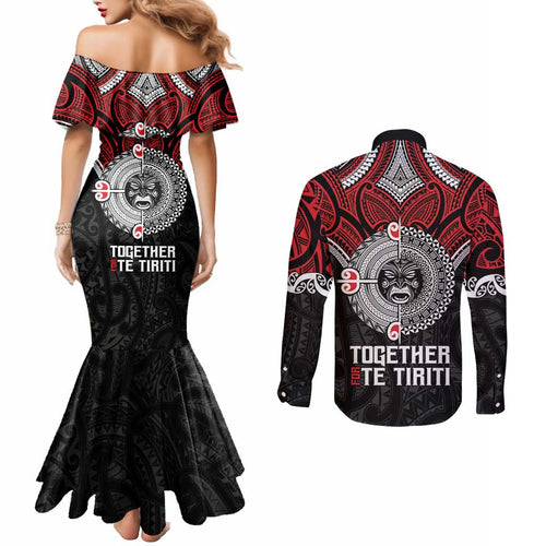 Aotearoa and Tonga Mo Te Tiriti Couples Matching Mermaid Dress and Long Sleeve Button Shirt New Zealand Honour The Treaty Ake!Ake!Ake!