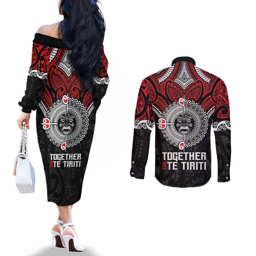 Aotearoa and Tonga Mo Te Tiriti Couples Matching Off The Shoulder Long Sleeve Dress and Long Sleeve Button Shirt New Zealand Honour The Treaty Ake!Ake!Ake!