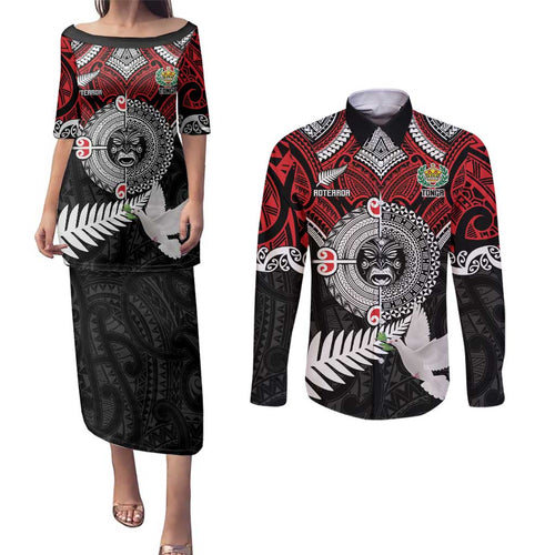Aotearoa and Tonga Mo Te Tiriti Couples Matching Puletasi and Long Sleeve Button Shirt New Zealand Honour The Treaty Ake!Ake!Ake!