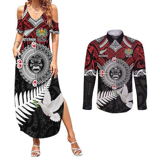 Aotearoa and Tonga Mo Te Tiriti Couples Matching Summer Maxi Dress and Long Sleeve Button Shirt New Zealand Honour The Treaty Ake!Ake!Ake!
