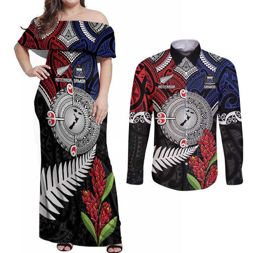 Aotearoa and Samoa Mo Te Tiriti Couples Matching Off Shoulder Maxi Dress and Long Sleeve Button Shirt Tangata Moana Stand with Tangata Whenua