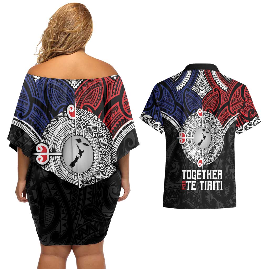 Aotearoa and Samoa Mo Te Tiriti Couples Matching Off Shoulder Short Dress and Hawaiian Shirt Tangata Moana Stand with Tangata Whenua