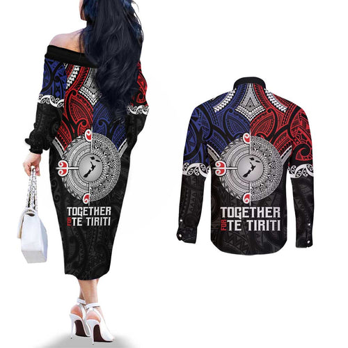 Aotearoa and Samoa Mo Te Tiriti Couples Matching Off The Shoulder Long Sleeve Dress and Long Sleeve Button Shirt Tangata Moana Stand with Tangata Whenua