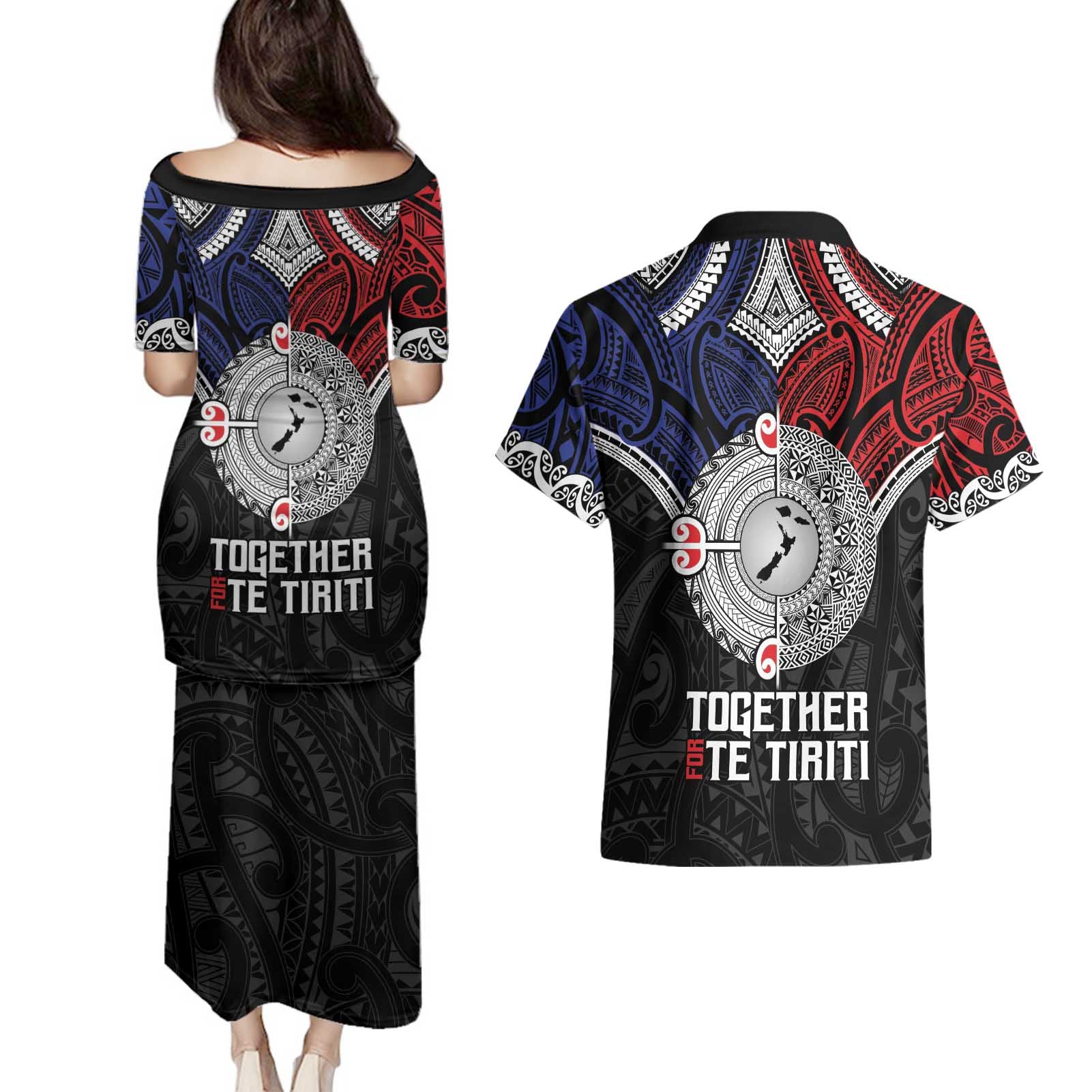 Aotearoa and Samoa Mo Te Tiriti Couples Matching Puletasi and Hawaiian Shirt Tangata Moana Stand with Tangata Whenua