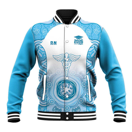 Aussie Nurse RN 2026 Personalised Baseball Jacket Blue Aboriginal Art Pattern Cultural Pride