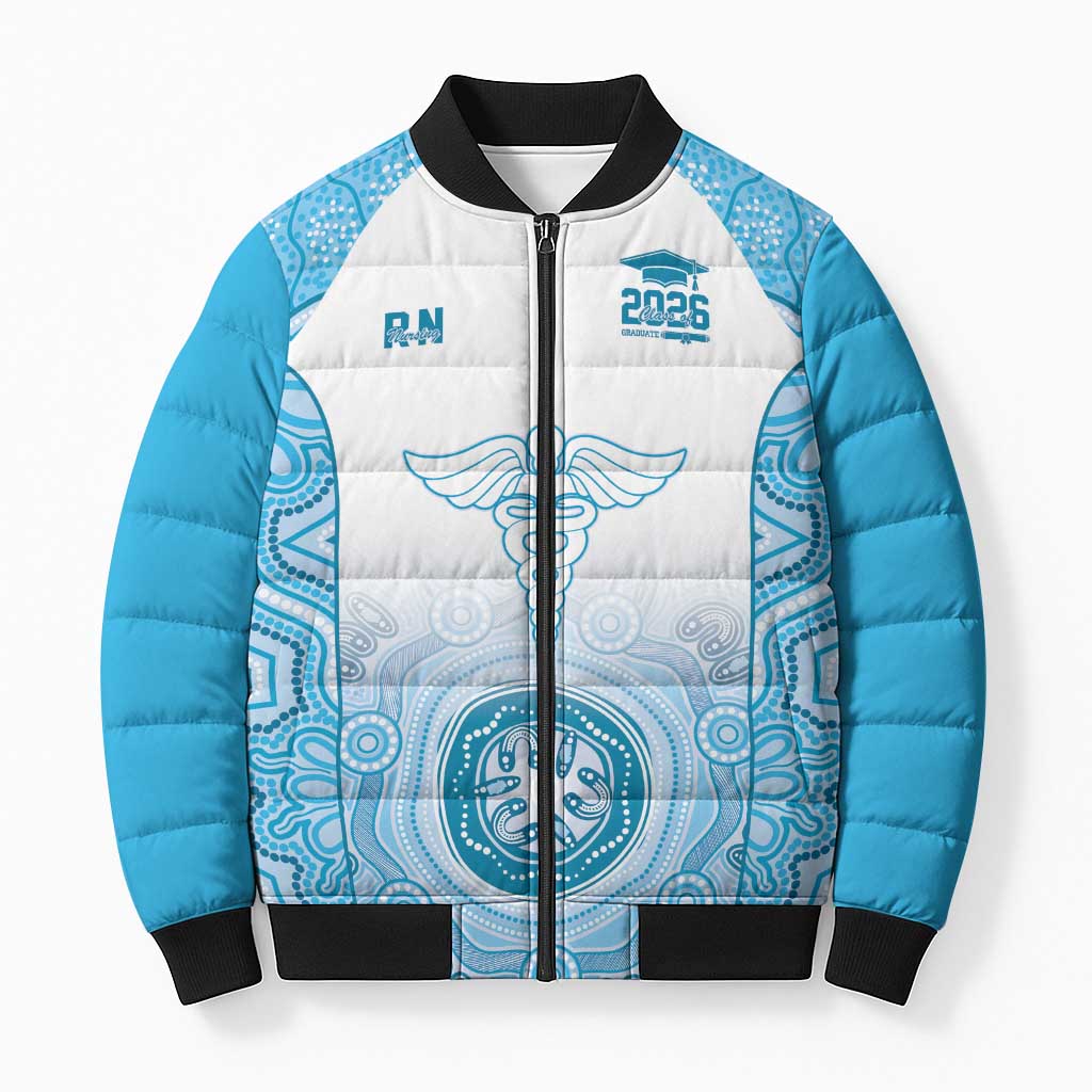 Aussie Nurse RN 2026 Personalised Bomber Puffer Jacket Blue Aboriginal Art Pattern Cultural Pride