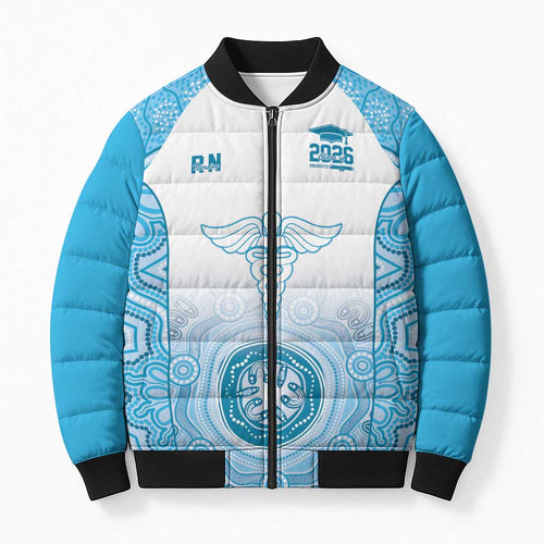 Aussie Nurse RN 2026 Personalised Bomber Puffer Jacket Blue Aboriginal Art Pattern Cultural Pride