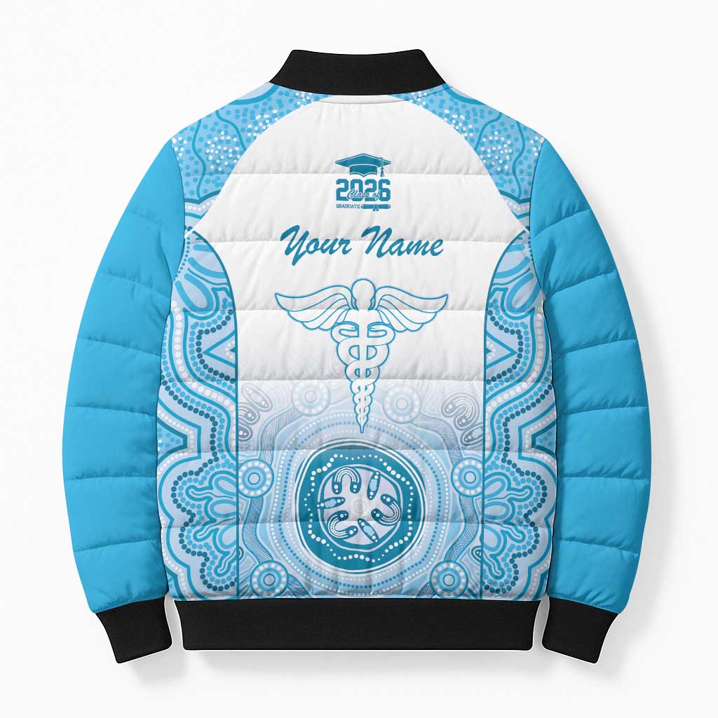 Aussie Nurse RN 2026 Personalised Bomber Puffer Jacket Blue Aboriginal Art Pattern Cultural Pride