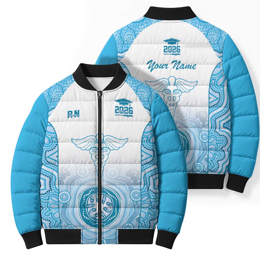Aussie Nurse RN 2026 Personalised Bomber Puffer Jacket Blue Aboriginal Art Pattern Cultural Pride
