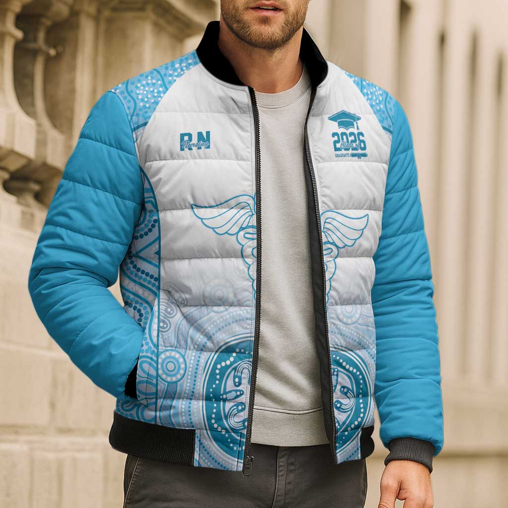 Aussie Nurse RN 2026 Personalised Bomber Puffer Jacket Blue Aboriginal Art Pattern Cultural Pride