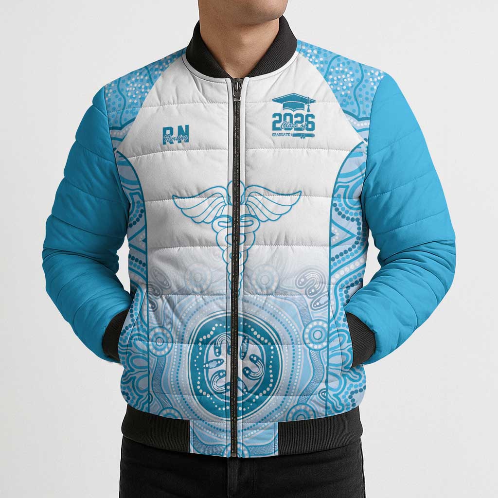 Aussie Nurse RN 2026 Personalised Bomber Puffer Jacket Blue Aboriginal Art Pattern Cultural Pride
