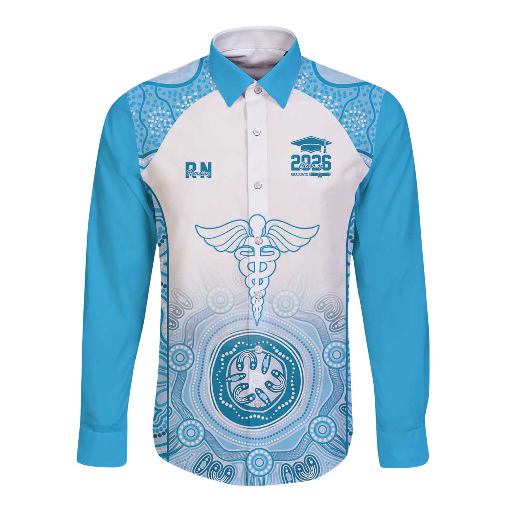 Aussie Nurse RN 2026 Personalised Long Sleeve Button Shirt Blue Aboriginal Art Pattern Cultural Pride