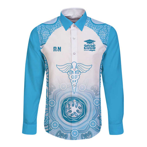 Aussie Nurse RN 2026 Personalised Long Sleeve Button Shirt Blue Aboriginal Art Pattern Cultural Pride