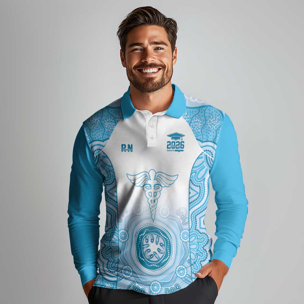 Aussie Nurse RN 2026 Personalised Long Sleeve Polo Shirt Blue Aboriginal Art Pattern Cultural Pride