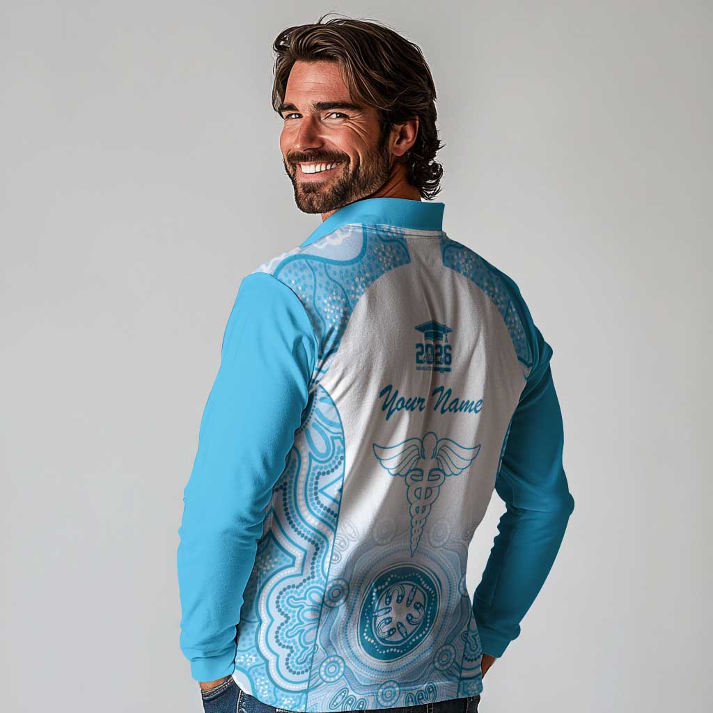 Aussie Nurse RN 2026 Personalised Long Sleeve Polo Shirt Blue Aboriginal Art Pattern Cultural Pride