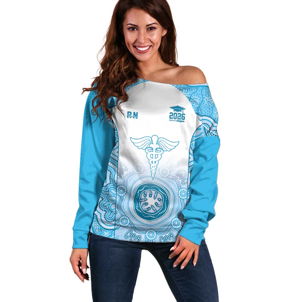 Aussie Nurse RN 2026 Personalised Off Shoulder Sweater Blue Aboriginal Art Pattern Cultural Pride