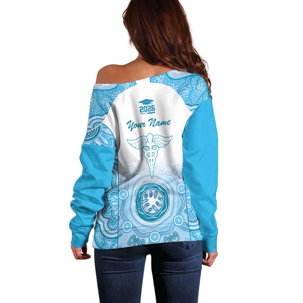 Aussie Nurse RN 2026 Personalised Off Shoulder Sweater Blue Aboriginal Art Pattern Cultural Pride