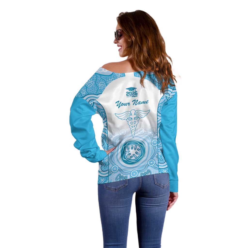 Aussie Nurse RN 2026 Personalised Off Shoulder Sweater Blue Aboriginal Art Pattern Cultural Pride