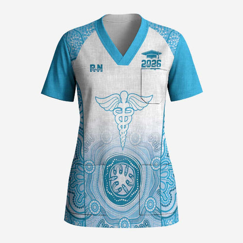 Aussie Nurse RN 2026 Personalised Scrub Top Blue Aboriginal Art Pattern Cultural Pride