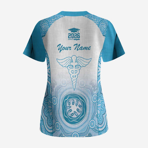 Aussie Nurse RN 2026 Personalised Scrub Top Blue Aboriginal Art Pattern Cultural Pride