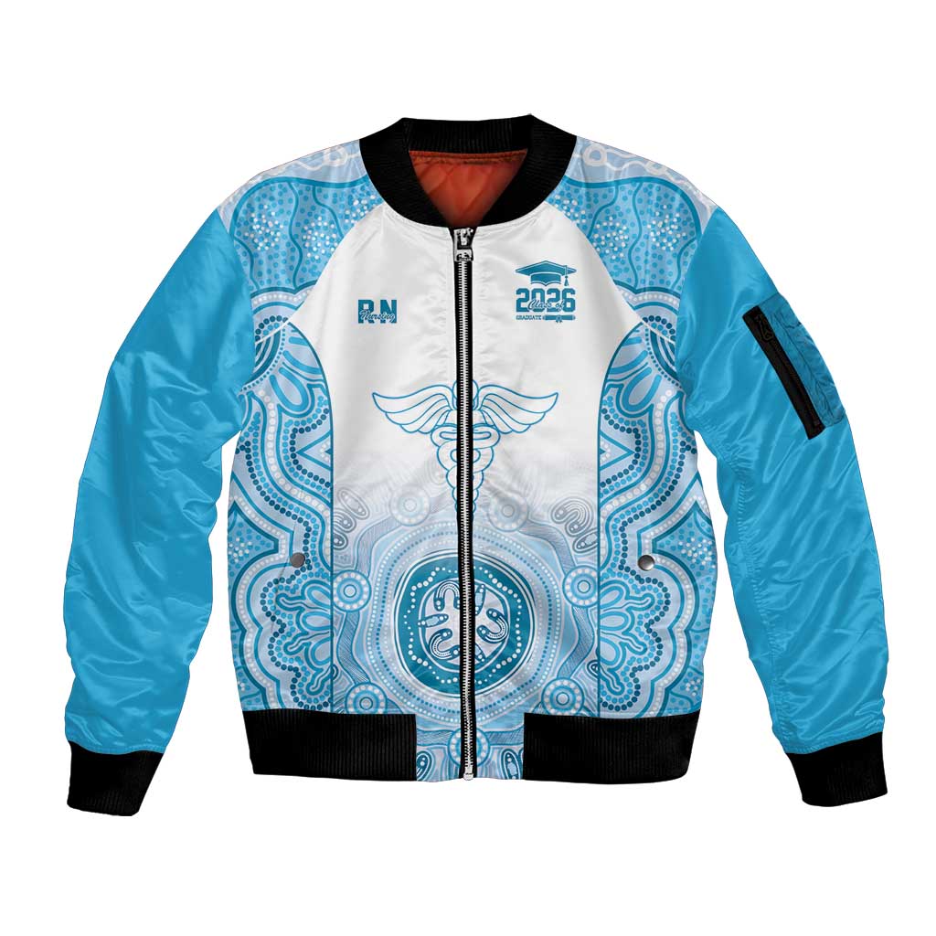 Aussie Nurse RN 2026 Personalised Sleeve Zip Bomber Jacket Blue Aboriginal Art Pattern Cultural Pride