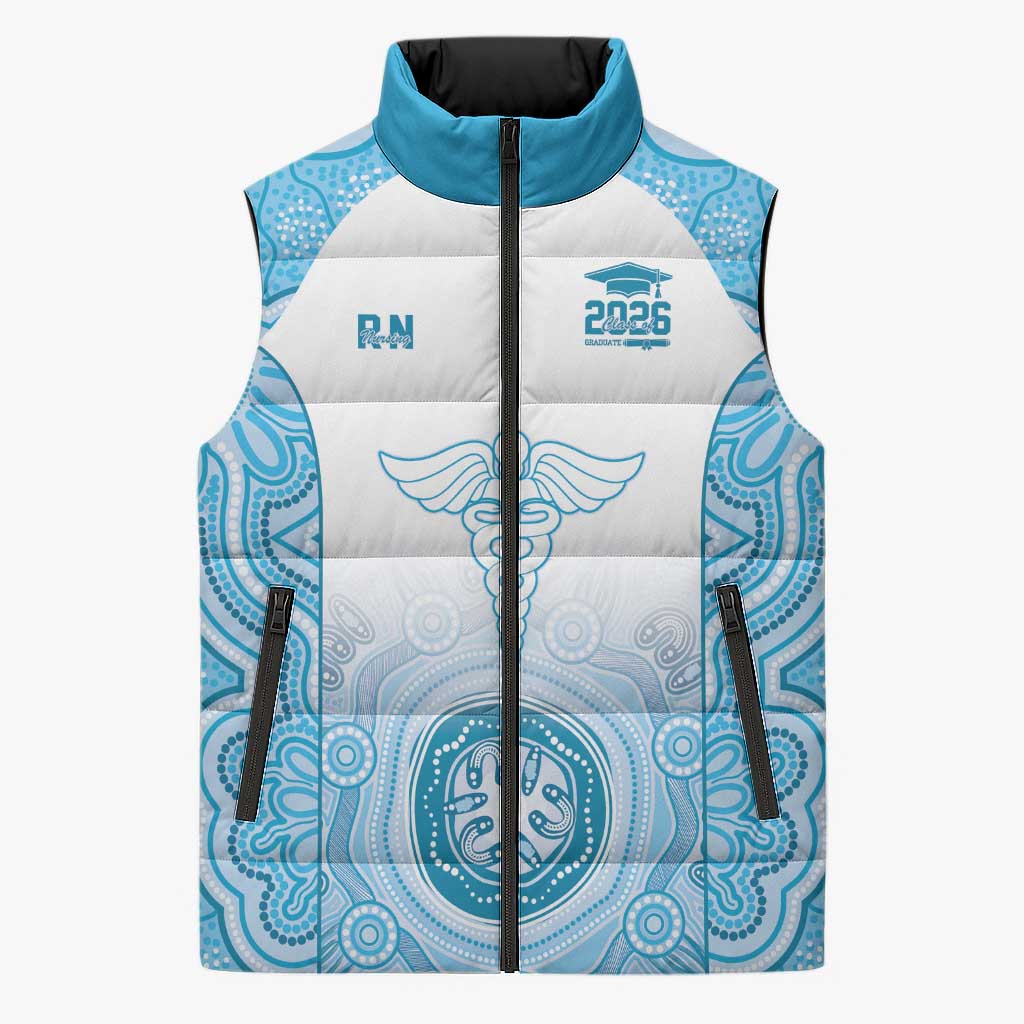 Aussie Nurse RN 2026 Personalised Sleeveless Puffer Jacket Blue Aboriginal Art Pattern Cultural Pride