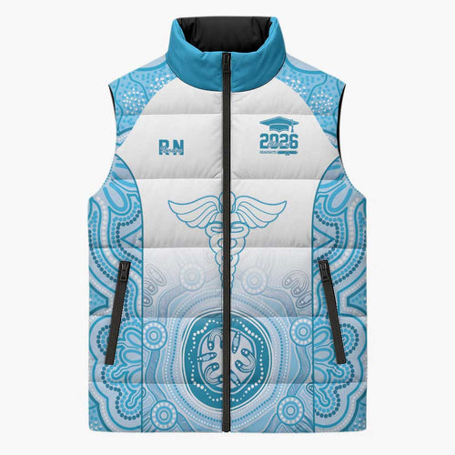 Aussie Nurse RN 2026 Personalised Sleeveless Puffer Jacket Blue Aboriginal Art Pattern Cultural Pride