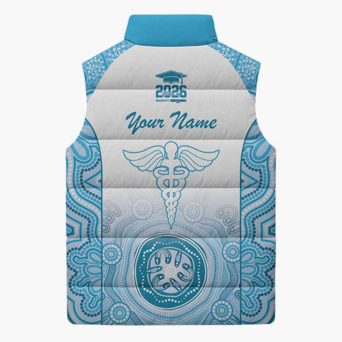Aussie Nurse RN 2026 Personalised Sleeveless Puffer Jacket Blue Aboriginal Art Pattern Cultural Pride