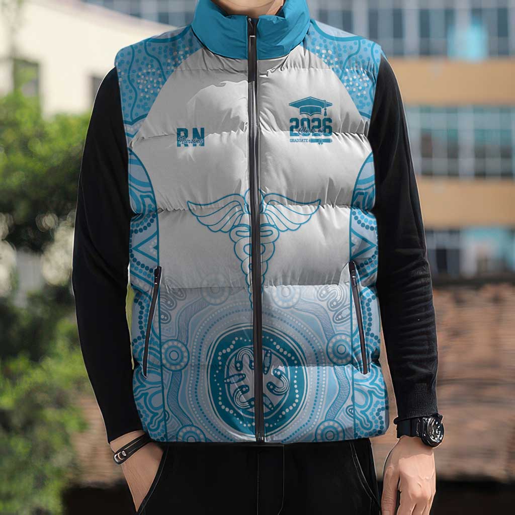 Aussie Nurse RN 2026 Personalised Sleeveless Puffer Jacket Blue Aboriginal Art Pattern Cultural Pride
