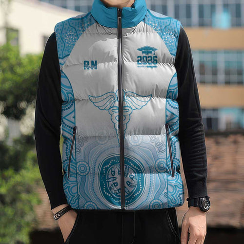 Aussie Nurse RN 2026 Personalised Sleeveless Puffer Jacket Blue Aboriginal Art Pattern Cultural Pride