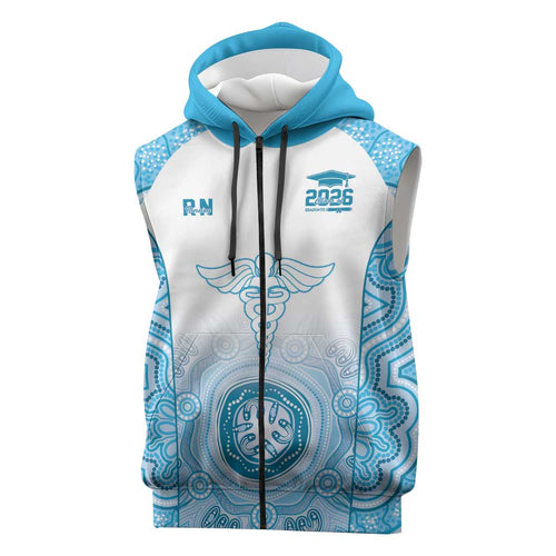 Aussie Nurse RN 2026 Personalised Sleeveless Zip Hoodie Blue Aboriginal Art Pattern Cultural Pride