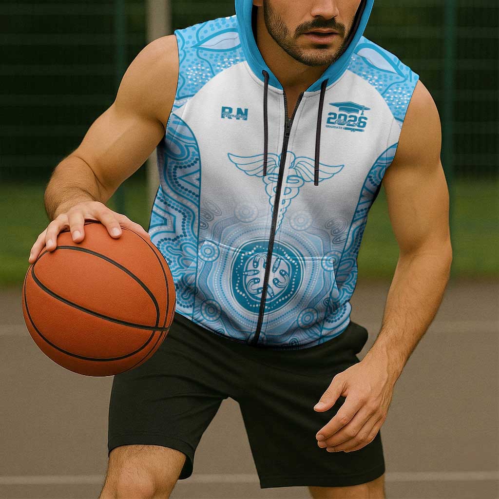 Aussie Nurse RN 2026 Personalised Sleeveless Zip Hoodie Blue Aboriginal Art Pattern Cultural Pride