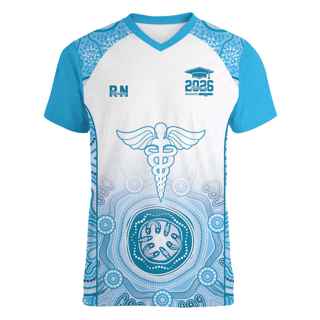 Aussie Nurse RN 2026 Personalised Women V-Neck T-Shirt Blue Aboriginal Art Pattern Cultural Pride