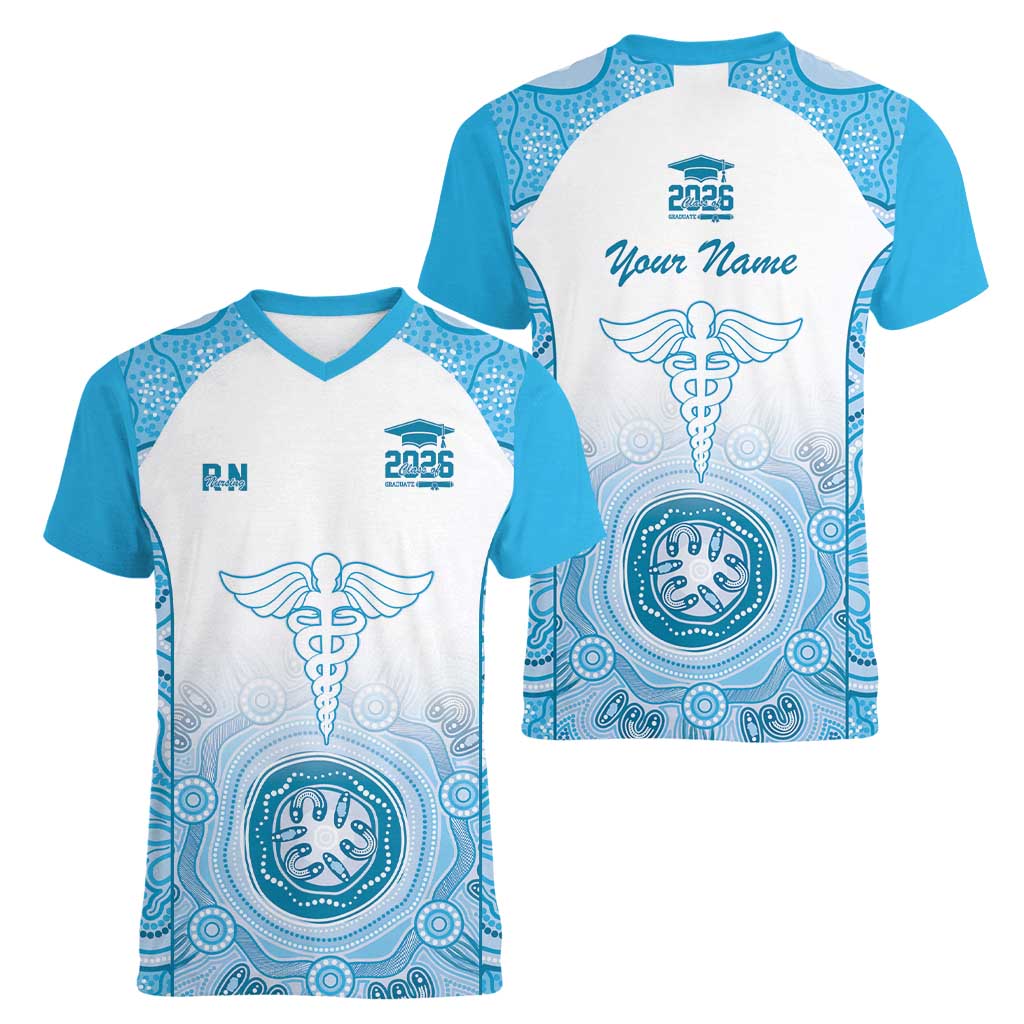 Aussie Nurse RN 2026 Personalised Women V-Neck T-Shirt Blue Aboriginal Art Pattern Cultural Pride