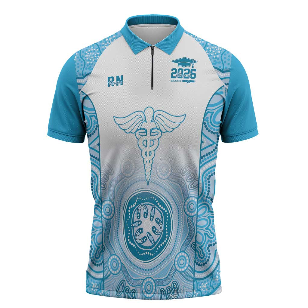 Aussie Nurse RN 2026 Personalised Zipper Polo Shirt Blue Aboriginal Art Pattern Cultural Pride