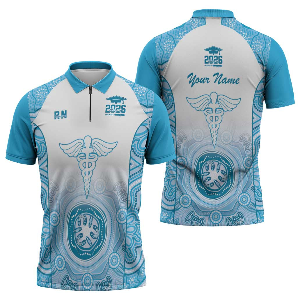 Aussie Nurse RN 2026 Personalised Zipper Polo Shirt Blue Aboriginal Art Pattern Cultural Pride