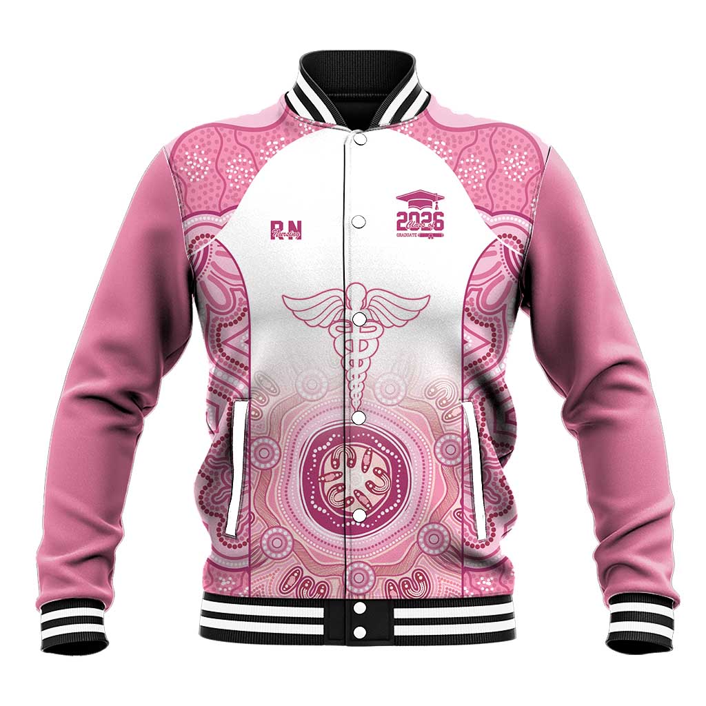 Aussie Nurse RN 2026 Personalised Baseball Jacket Pink Aboriginal Art Pattern Cultural Pride