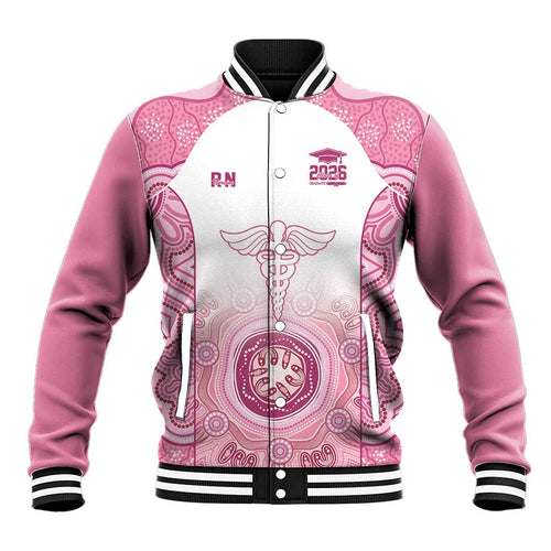 Aussie Nurse RN 2026 Personalised Baseball Jacket Pink Aboriginal Art Pattern Cultural Pride