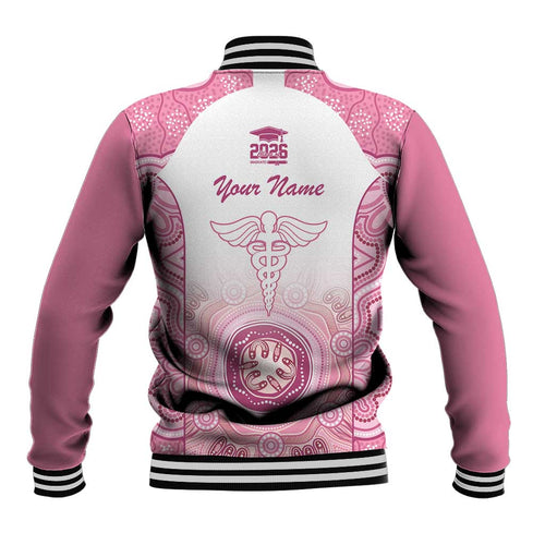 Aussie Nurse RN 2026 Personalised Baseball Jacket Pink Aboriginal Art Pattern Cultural Pride