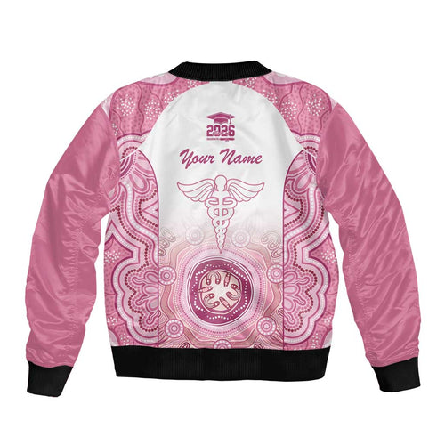 Aussie Nurse RN 2026 Personalised Bomber Jacket Pink Aboriginal Art Pattern Cultural Pride