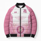 Aussie Nurse RN 2026 Personalised Bomber Puffer Jacket Pink Aboriginal Art Pattern Cultural Pride