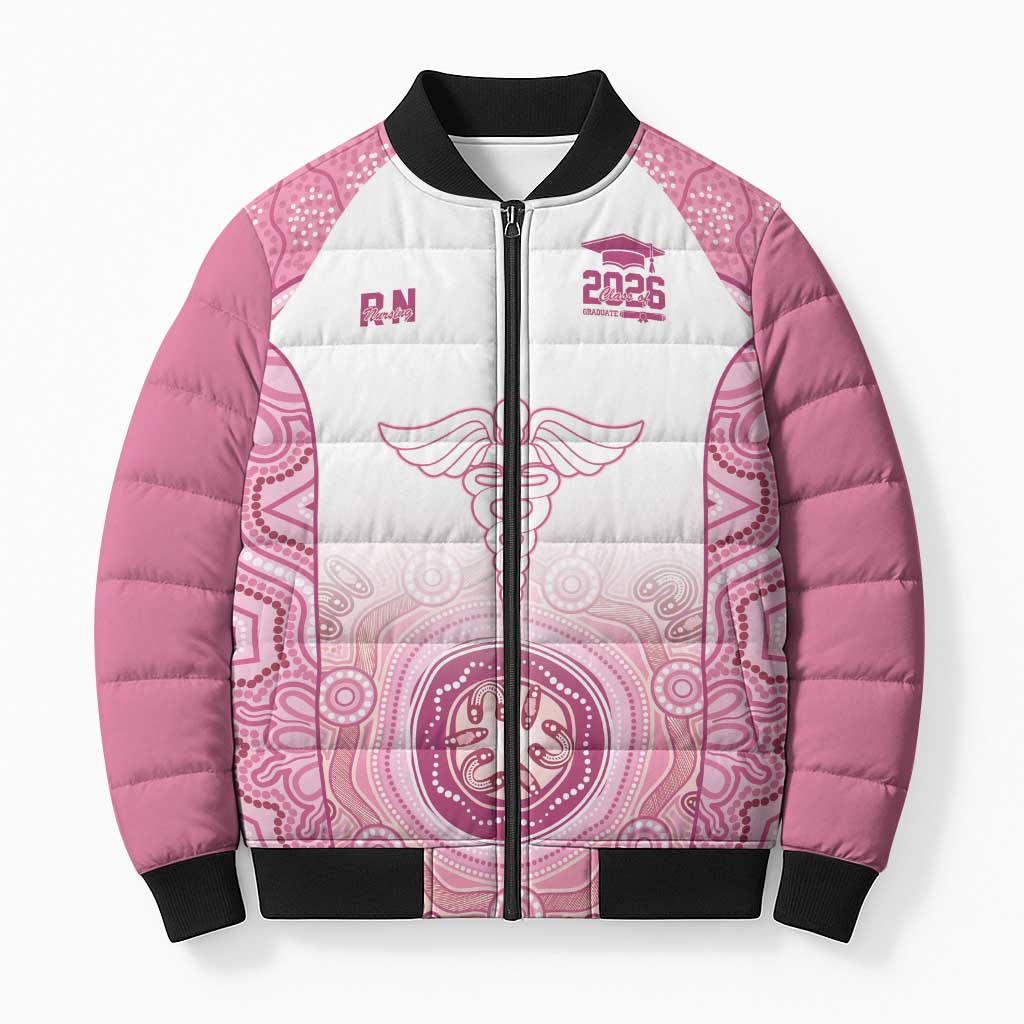 Aussie Nurse RN 2026 Personalised Bomber Puffer Jacket Pink Aboriginal Art Pattern Cultural Pride
