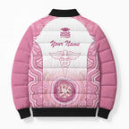 Aussie Nurse RN 2026 Personalised Bomber Puffer Jacket Pink Aboriginal Art Pattern Cultural Pride