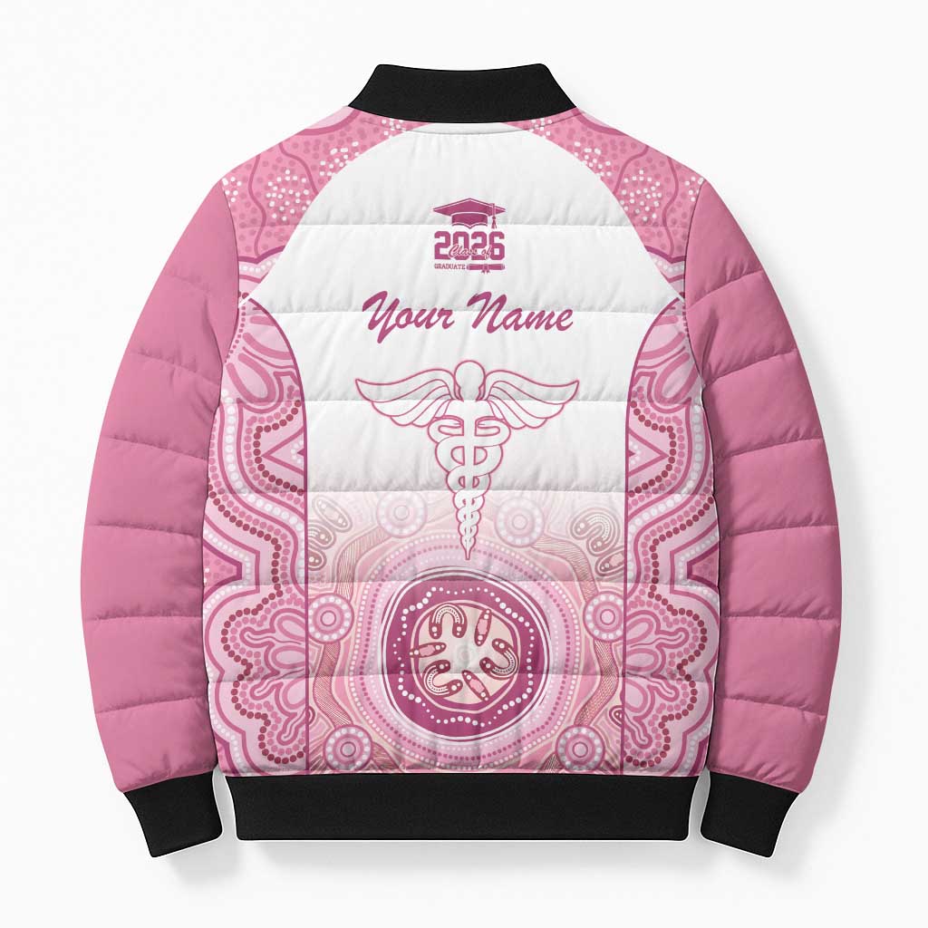 Aussie Nurse RN 2026 Personalised Bomber Puffer Jacket Pink Aboriginal Art Pattern Cultural Pride