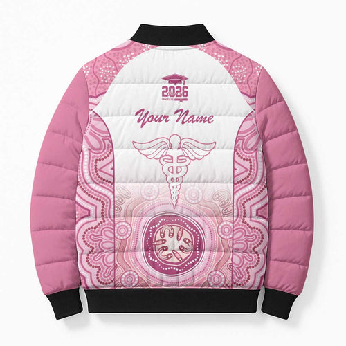 Aussie Nurse RN 2026 Personalised Bomber Puffer Jacket Pink Aboriginal Art Pattern Cultural Pride