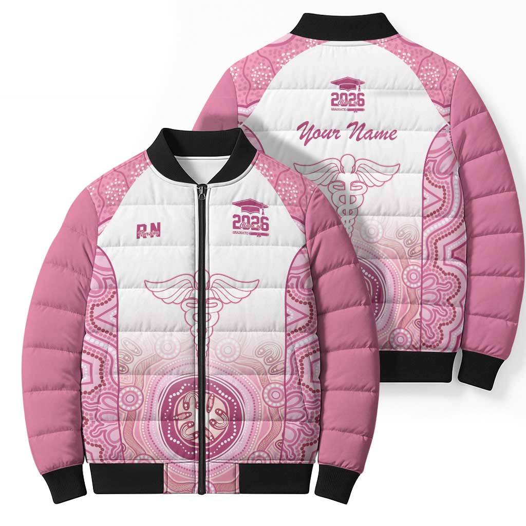 Aussie Nurse RN 2026 Personalised Bomber Puffer Jacket Pink Aboriginal Art Pattern Cultural Pride