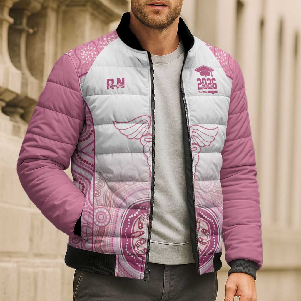 Aussie Nurse RN 2026 Personalised Bomber Puffer Jacket Pink Aboriginal Art Pattern Cultural Pride