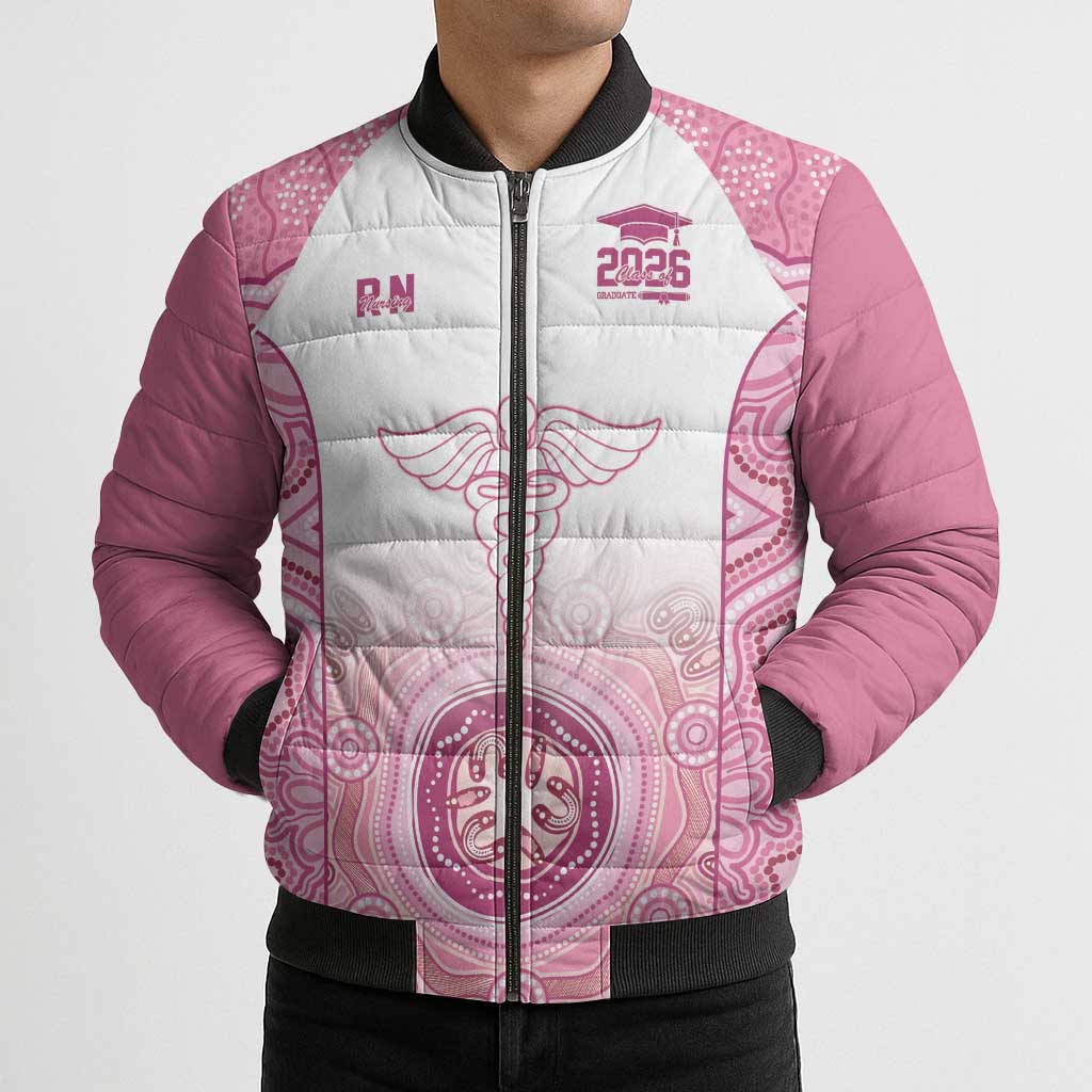 Aussie Nurse RN 2026 Personalised Bomber Puffer Jacket Pink Aboriginal Art Pattern Cultural Pride