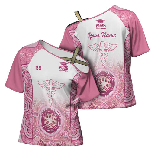 Aussie Nurse RN 2026 Personalised Cross Shoulder Shirt Pink Aboriginal Art Pattern Cultural Pride
