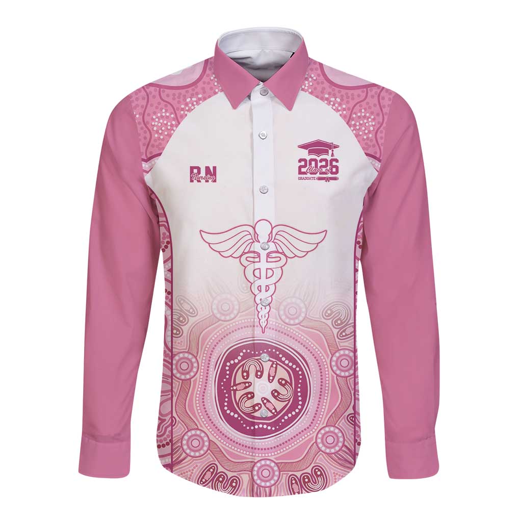 Aussie Nurse RN 2026 Personalised Long Sleeve Button Shirt Pink Aboriginal Art Pattern Cultural Pride